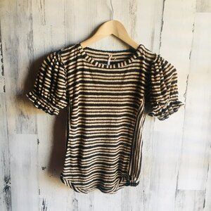 NWOT Free People Striped Tee Knit T-Shirt Puff Sleeve Black Yellow Boho XS